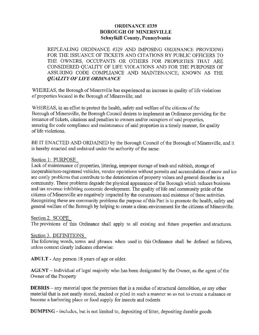 Thumbnail of the first page of 'Ordinance – Ordinance 339 – Quality Of Life'