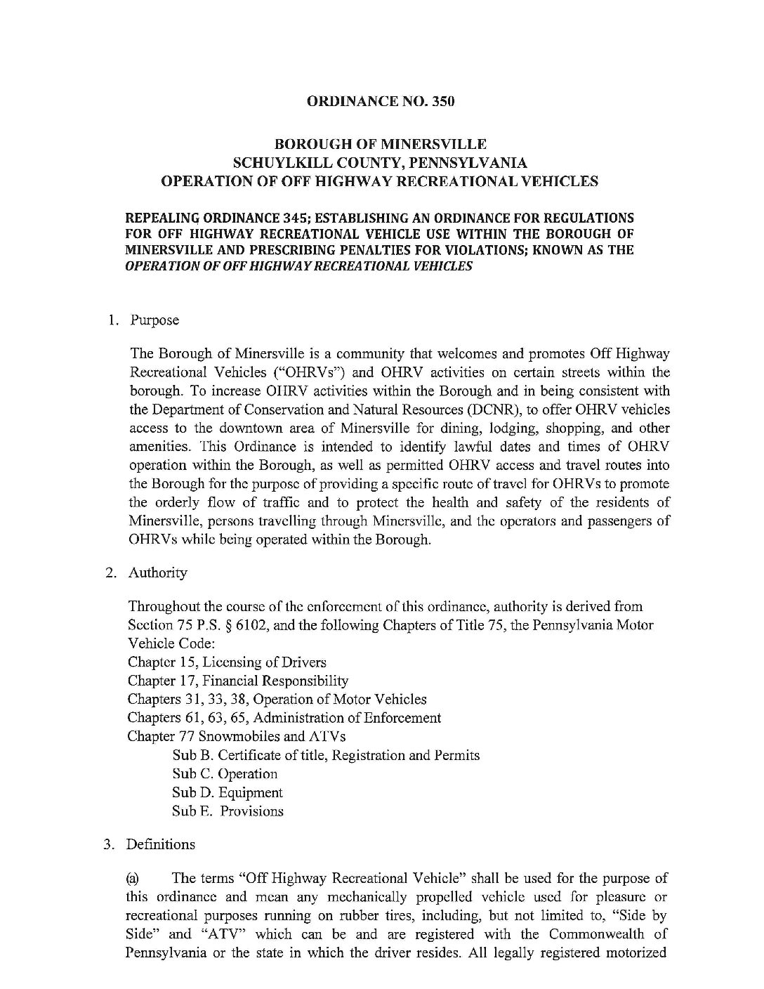 Thumbnail of the first page of 'Ordinance – Ordinance 350 – Off Road Vehicle'