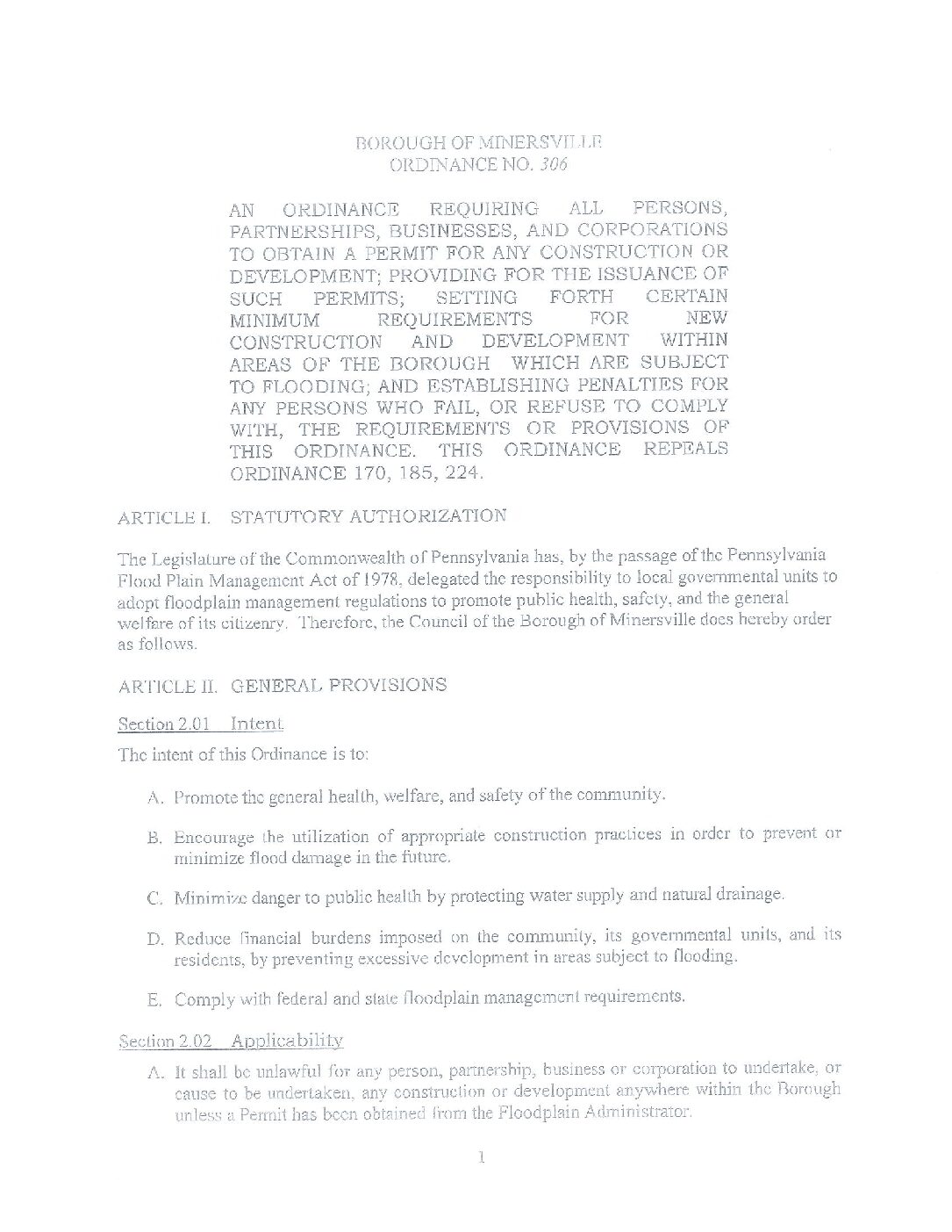Thumbnail of the first page of 'Ordinance – Ordinance 306 – Flood Plain'