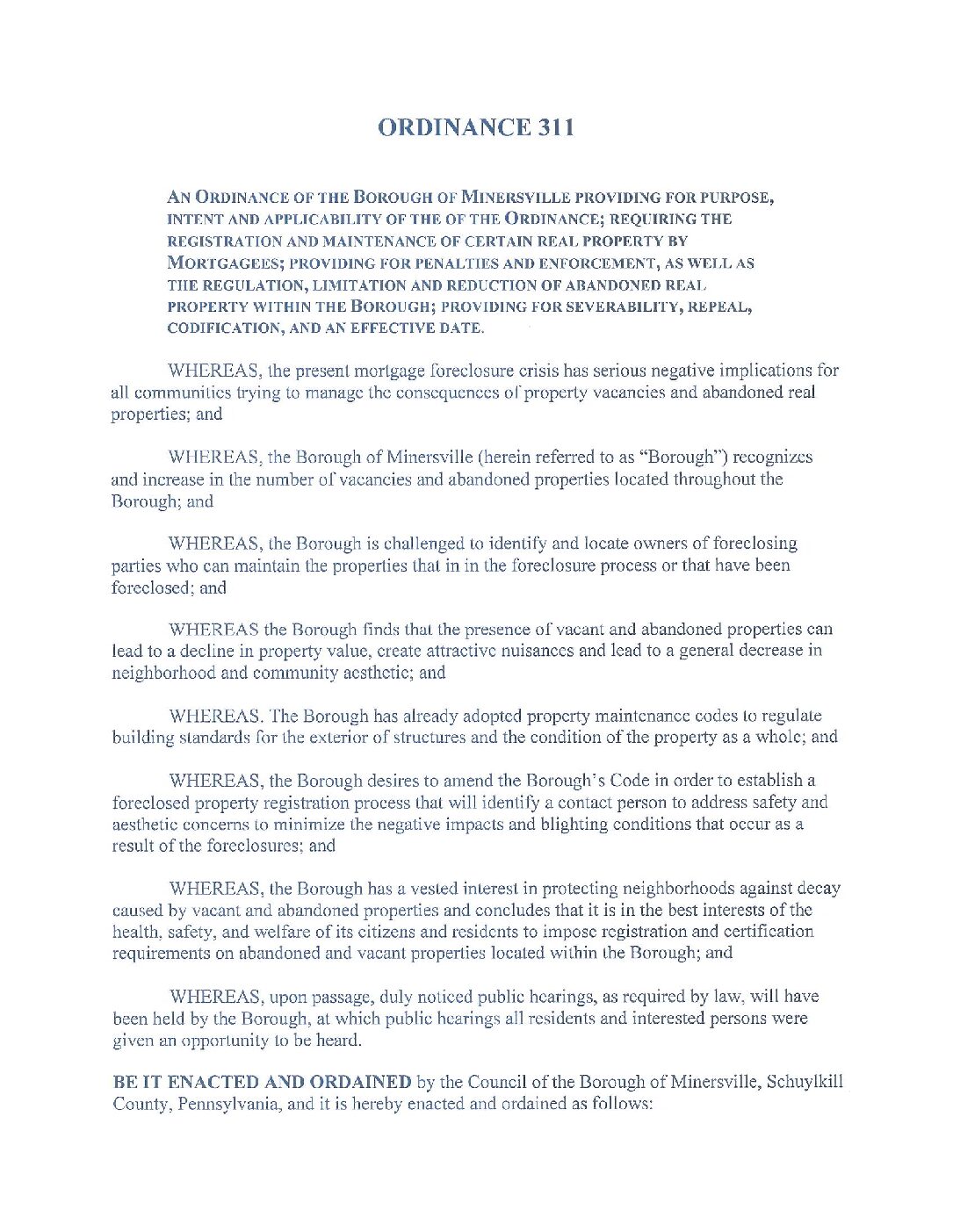 Thumbnail of the first page of 'Ordinance – Ordinance 311 – Real Property Registration'