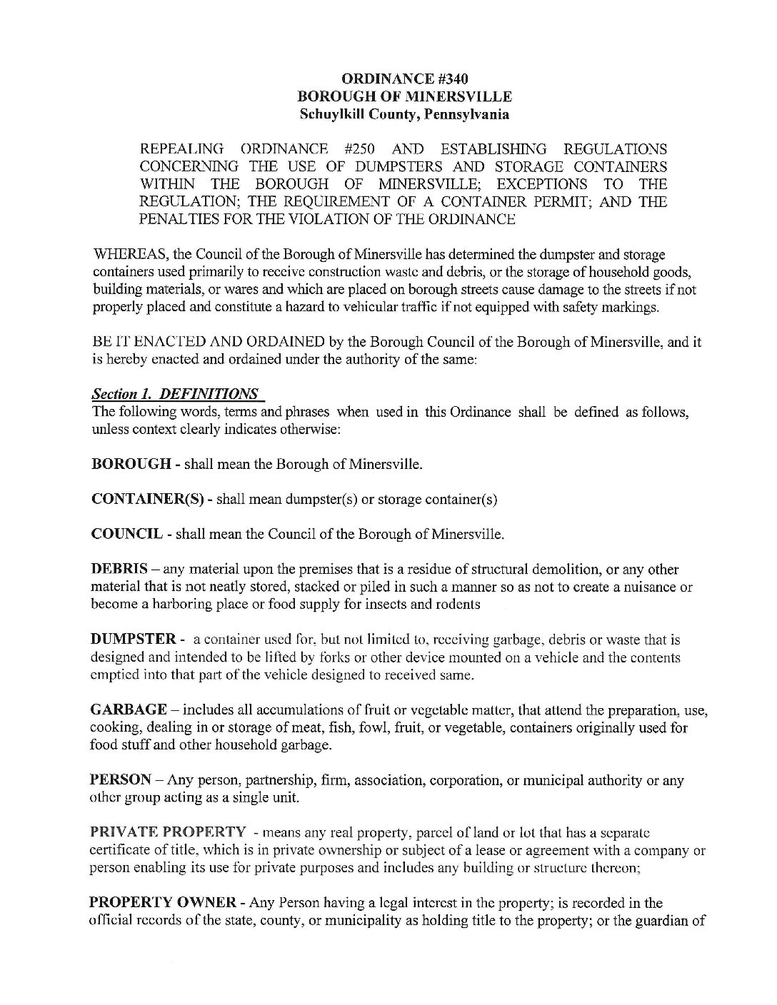 Thumbnail of the first page of 'Ordinance – Ordinance 340 – Dumpster'
