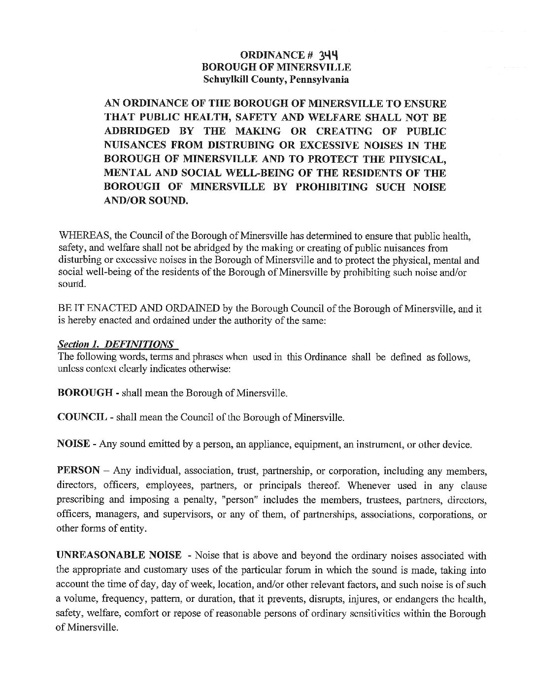 Thumbnail of the first page of 'Ordinance – Ordinance 344 – Noise Ordinance'