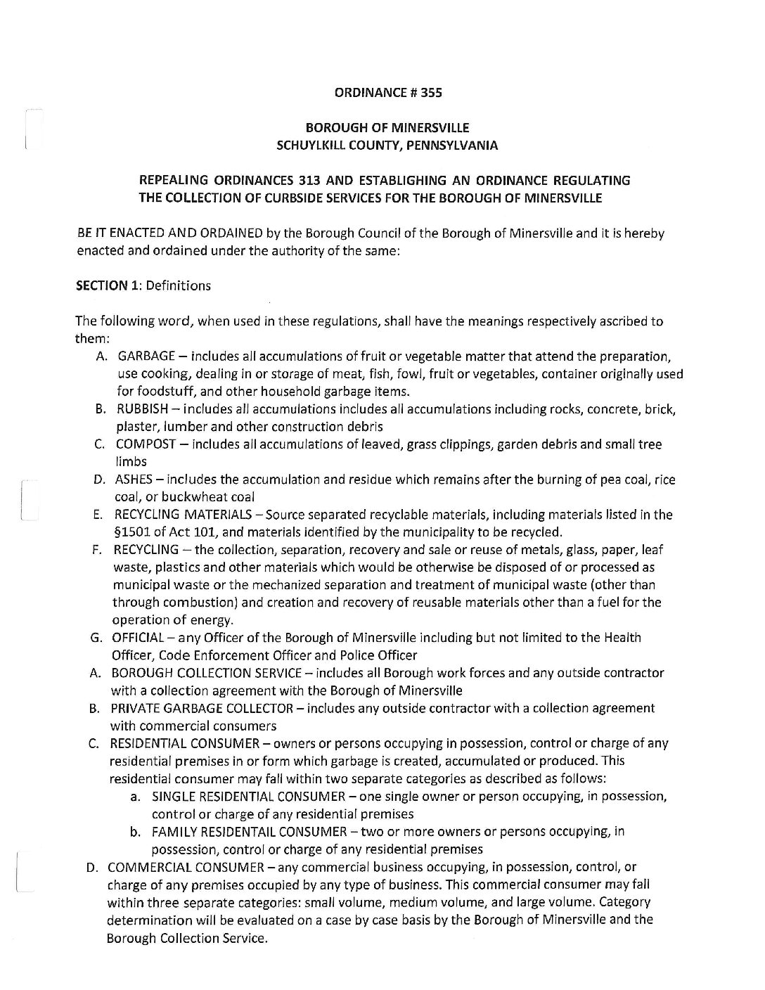 Thumbnail of the first page of 'Ordinance – Curbside Service Ordinance 355'