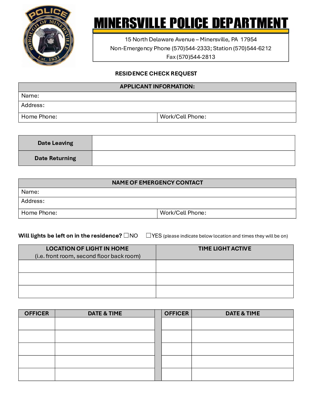 Thumbnail of the first page of 'Police Residence Check Form'